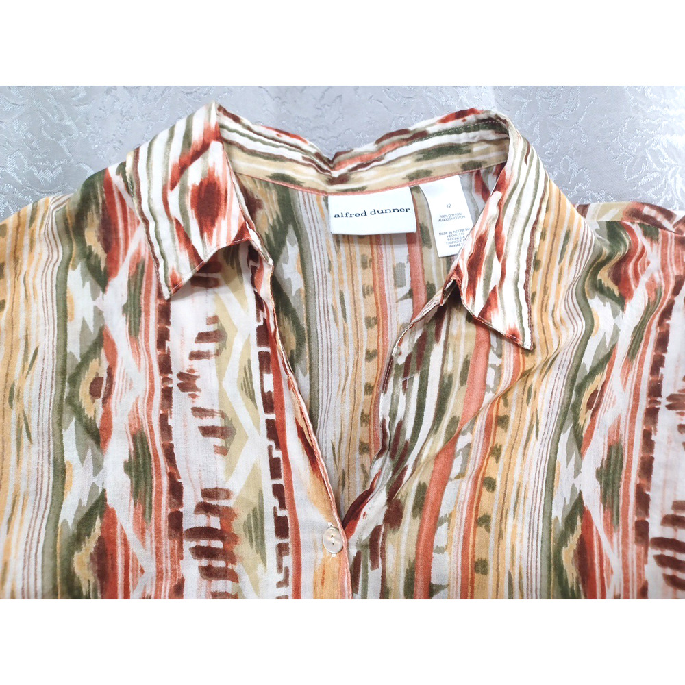 Alfred Dunner Womens Aztec Southwest Lightweight Blouse Sz 12 Roll Sleeve Cotton - Picture 5 of 12